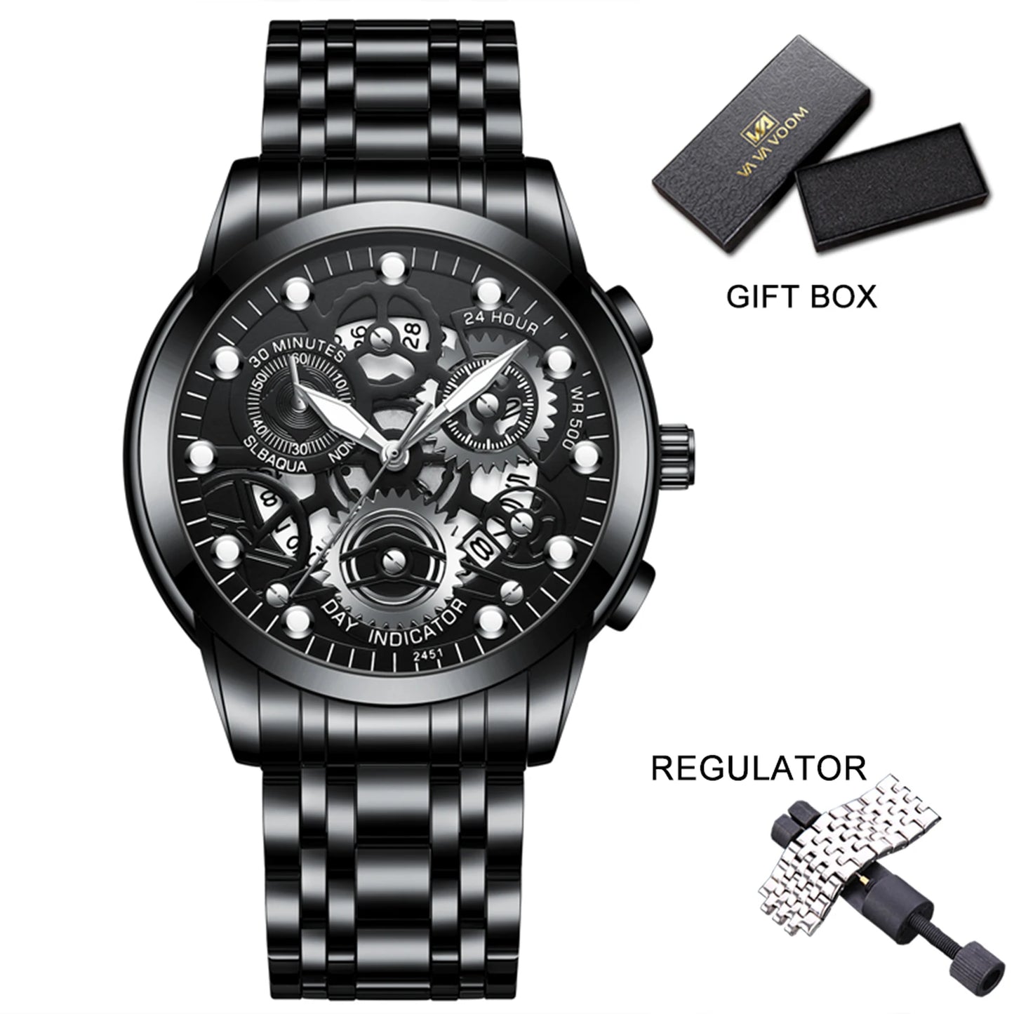 Men's Business Watch Skeleton Design Fashion Mechanical Style Stainless Steel Quartz Movement Calendar Waterproof Men WristWatch