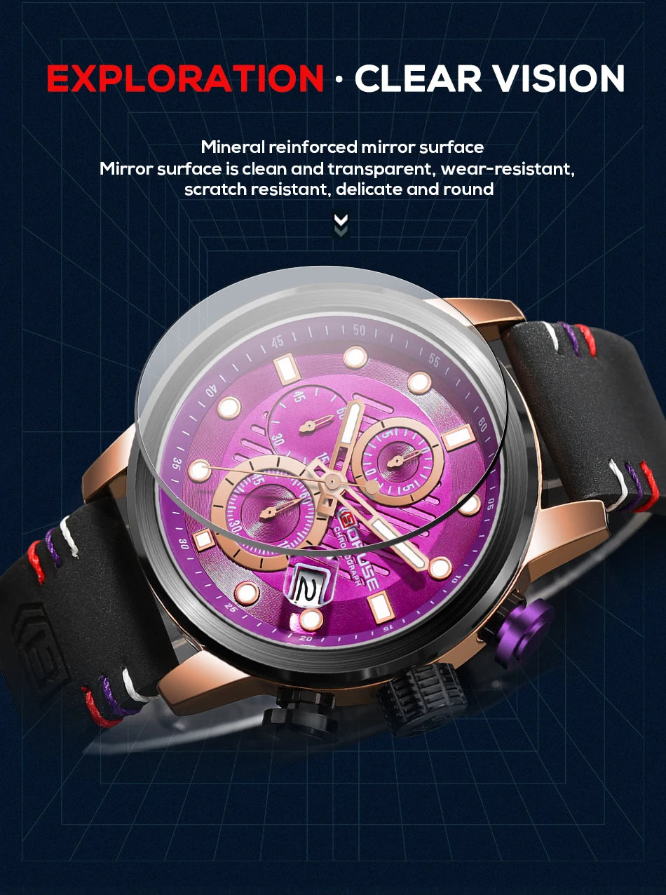 BORUSE New Fashion Mens Watches Top Brand Luxury Military Quartz Watch Man Premium Leather Waterproof Sport Chronograph Watch