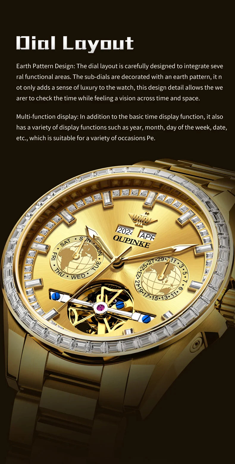 OUPINKE 3280 Mechanical Watch for Men Luxury Full Diamond Flywheel Skeleton Gold Stainless steel Date Automatic Men's Watch