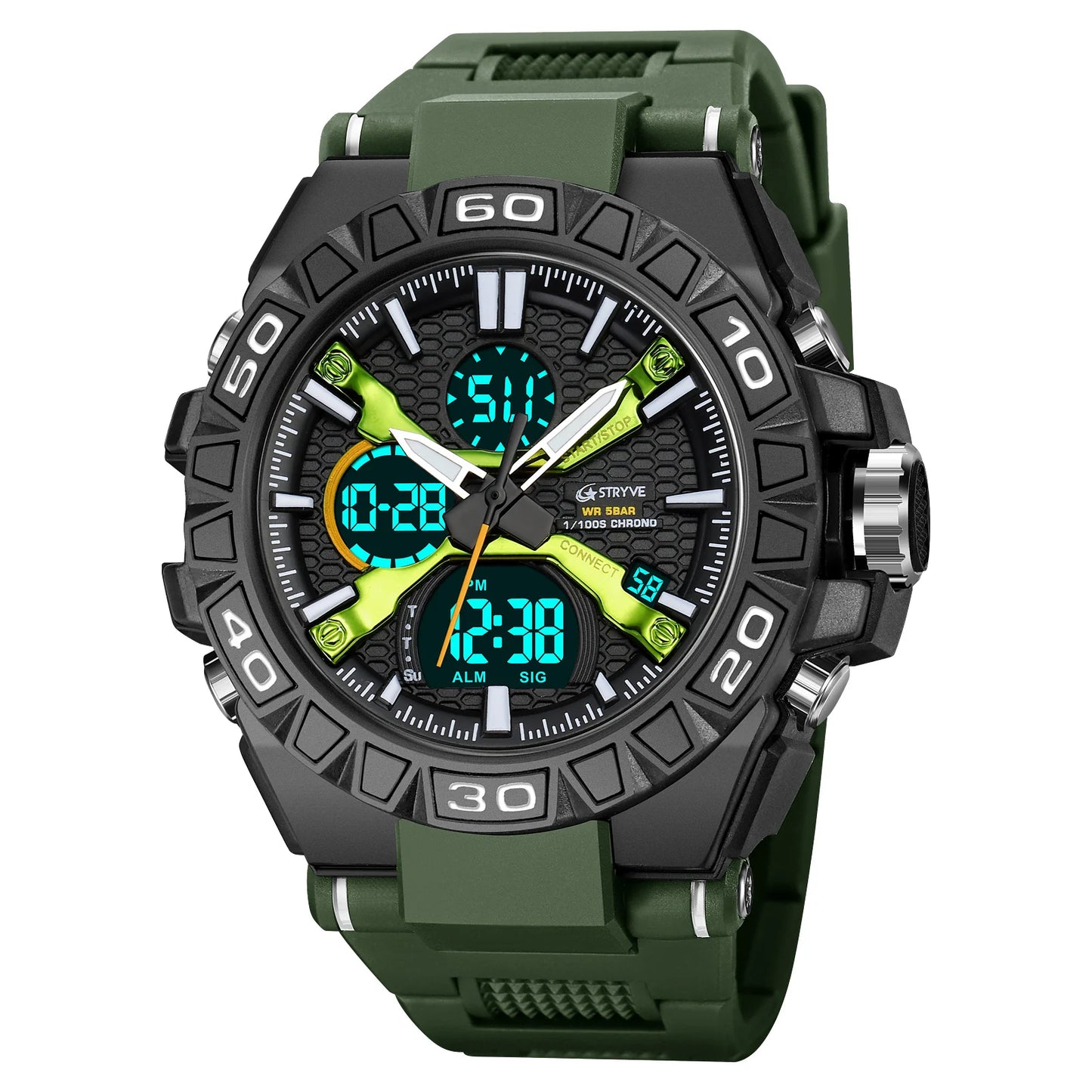 STRYVE Men's Watches 50M Waterproof Clock Alarm Reloj Hombre 8026 Dual Display Wristwatch Quartz Digital Clock Men