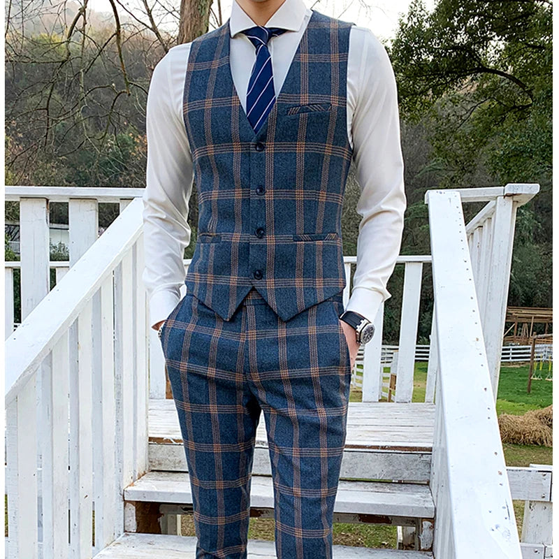 Blazers Pants Set 2 Pieces Set, 2024 Men's Business Casual Men Plaid Suit Jacket and Trousers, Asian Size M-5XL