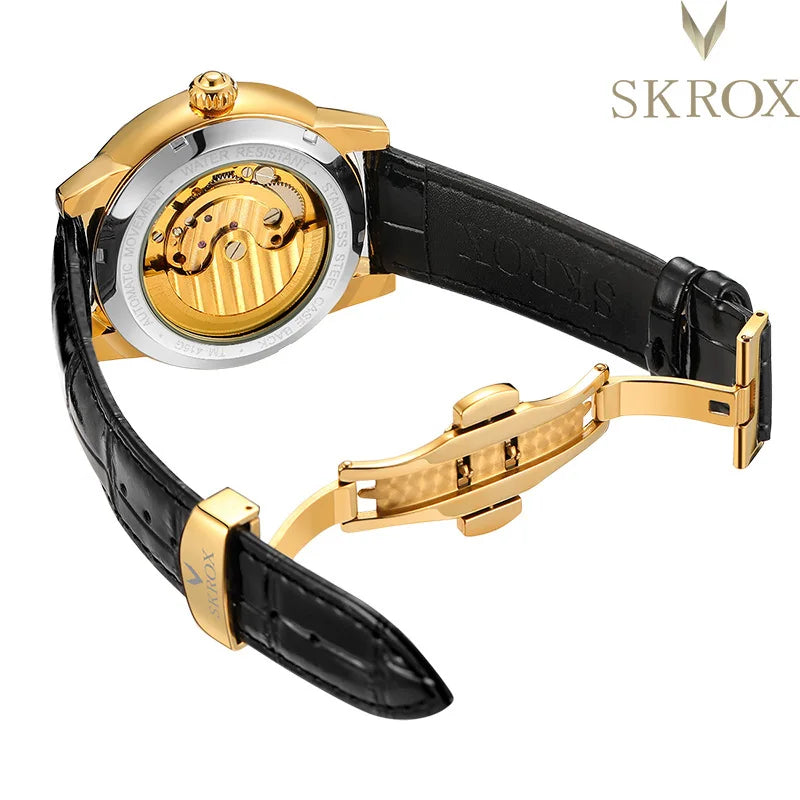 SKROX Original Gold Tiger Diamond Elegant Men's Watch Moon Phase Tourbillon Automatic Mechanical High-end Luxury Male Clockwork