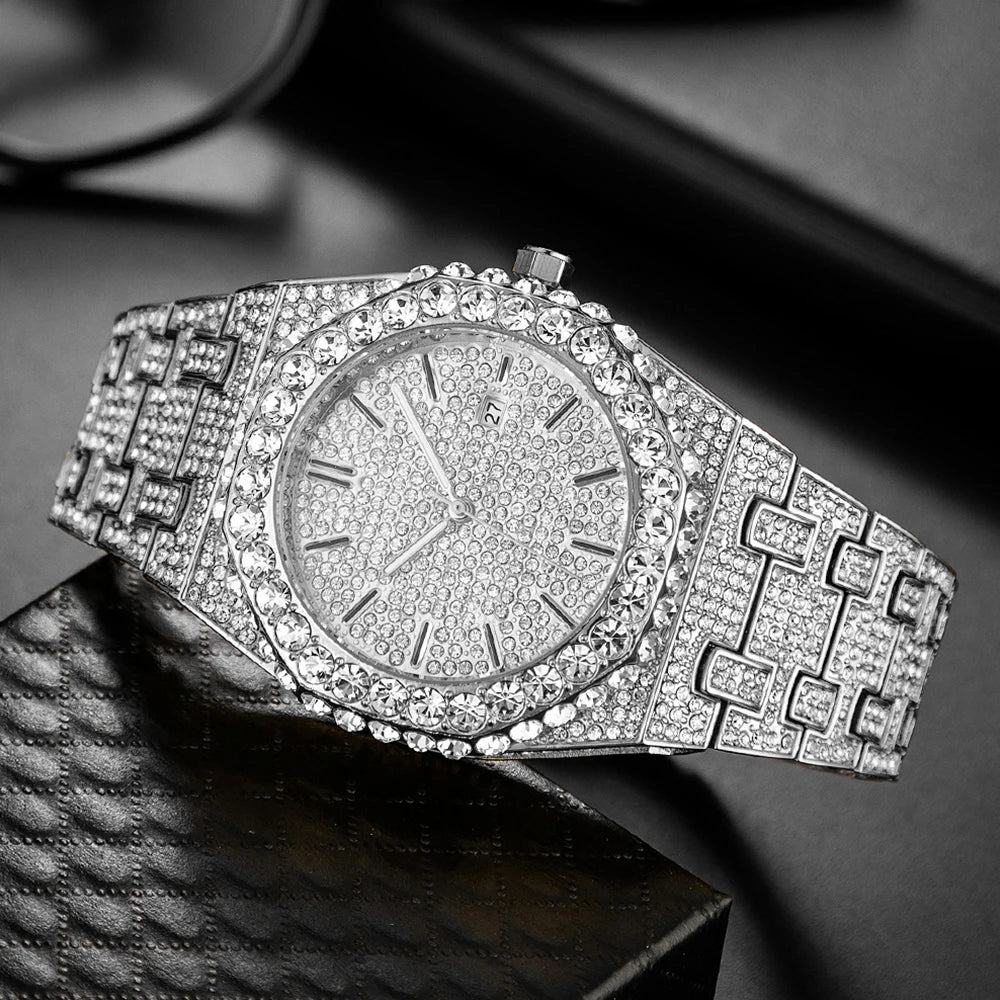 2024 New Hip Hop Mens Quartz Watch Brand MISSFOX Luxury Automatic Date Iced Out Clocks Man Fashion Green Full Diamond Wristwatch