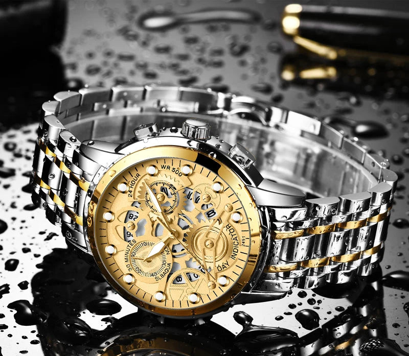 Men's Business Watch Skeleton Design Fashion Mechanical Style Stainless Steel Quartz Movement Calendar Waterproof Men WristWatch