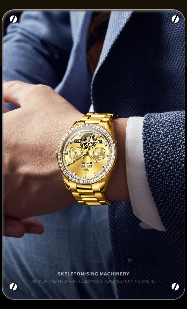 OUPINKE 3280 Mechanical Watch for Men Luxury Full Diamond Flywheel Skeleton Gold Stainless steel Date Automatic Men's Watch