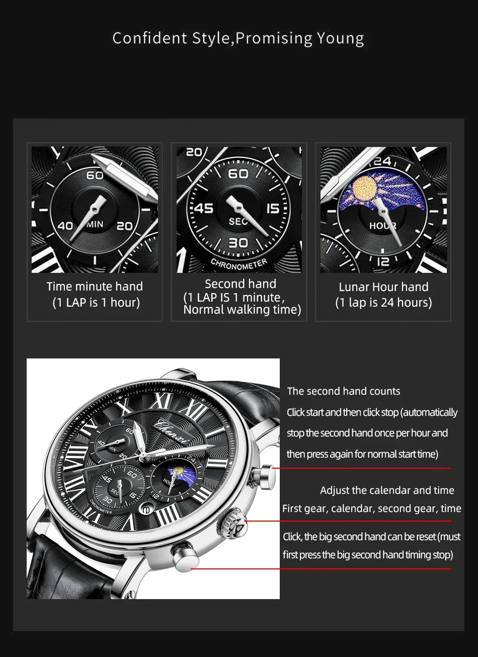 CHENXI 2024 Watches For Men Leather Strap Skeleton Quartz Sweep Second Movement Mens Watch Waterproof Chronograph Wristwatches