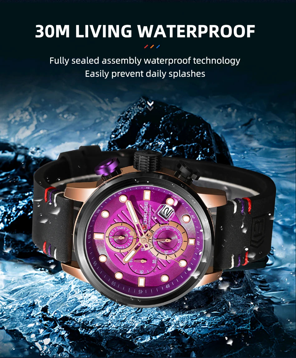 BORUSE New Fashion Mens Watches Top Brand Luxury Military Quartz Watch Man Premium Leather Waterproof Sport Chronograph Watch