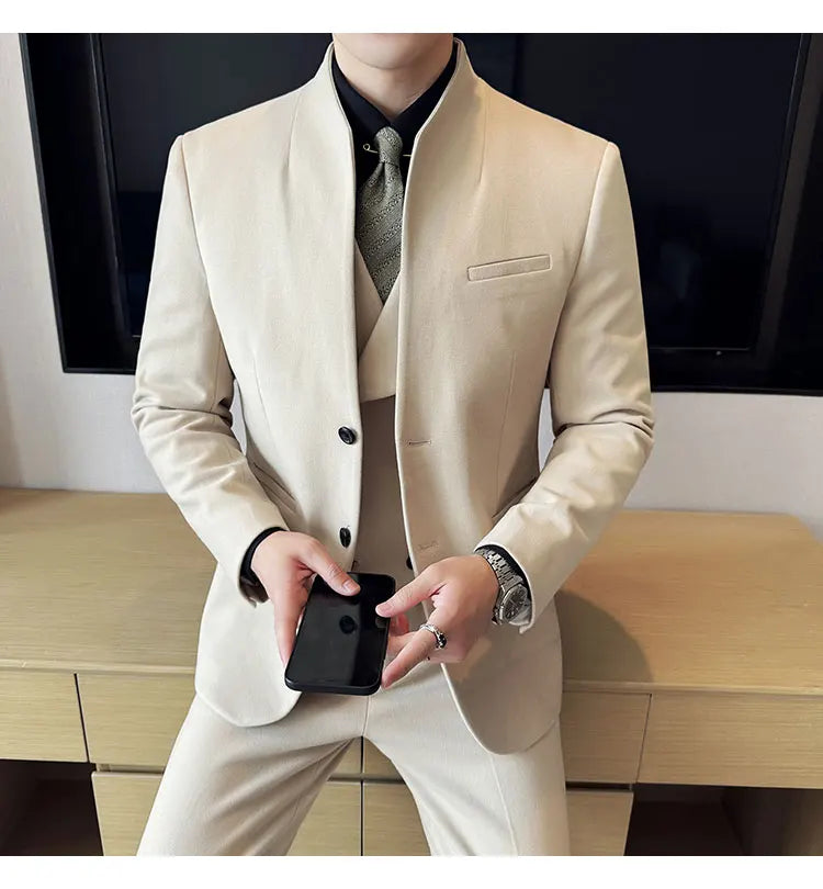 Korean Style Men's Suit Set Slim Fit Business Suit Wool Blazer Three Piece Set Elegant Social Formal Men's Clothing 5XL-M