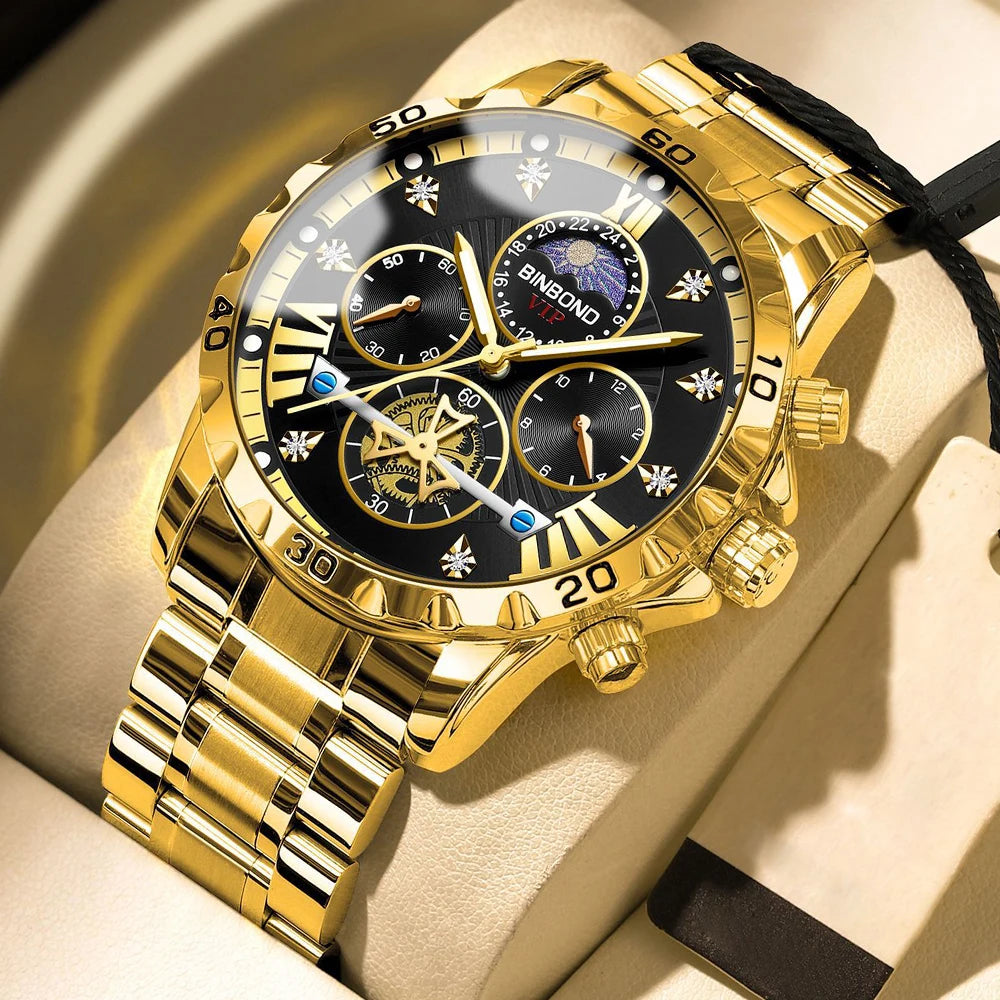 BINBOND Men's Watches Young Fashion Original Quartz Watch for Man Waterproof Luminous Flywheel Chronograph Moon Phase Casual