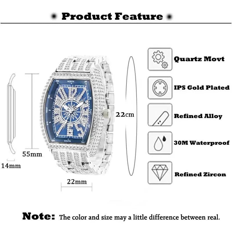 Classic 55mm Black Dial Wristwatch Men Famous Brand Diamond Silver Quartz Watch Original Ice Out Shiny Waterproof Clock 2023 New