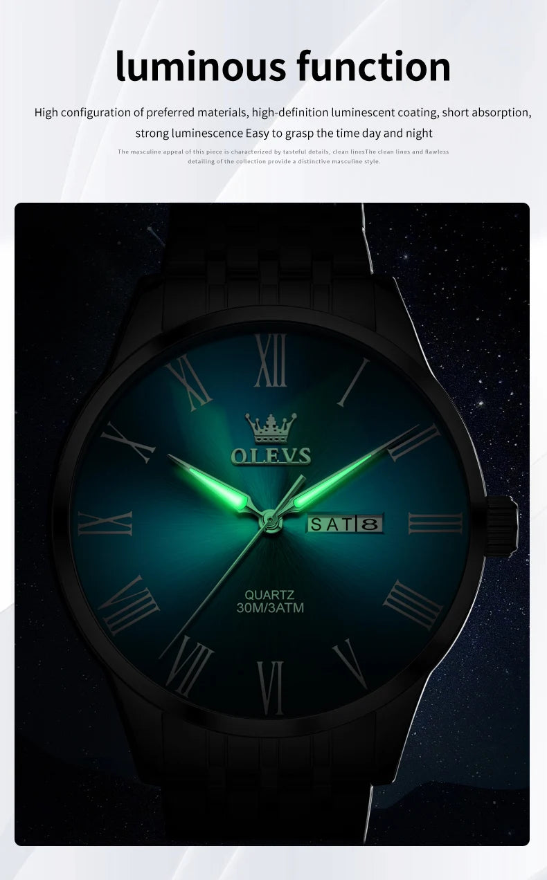 OLEVS 3633 Men's Watch Business Simply Original Quartz Watch for Man Waterproof Luminous Stainless Steel Dual Calendar Display