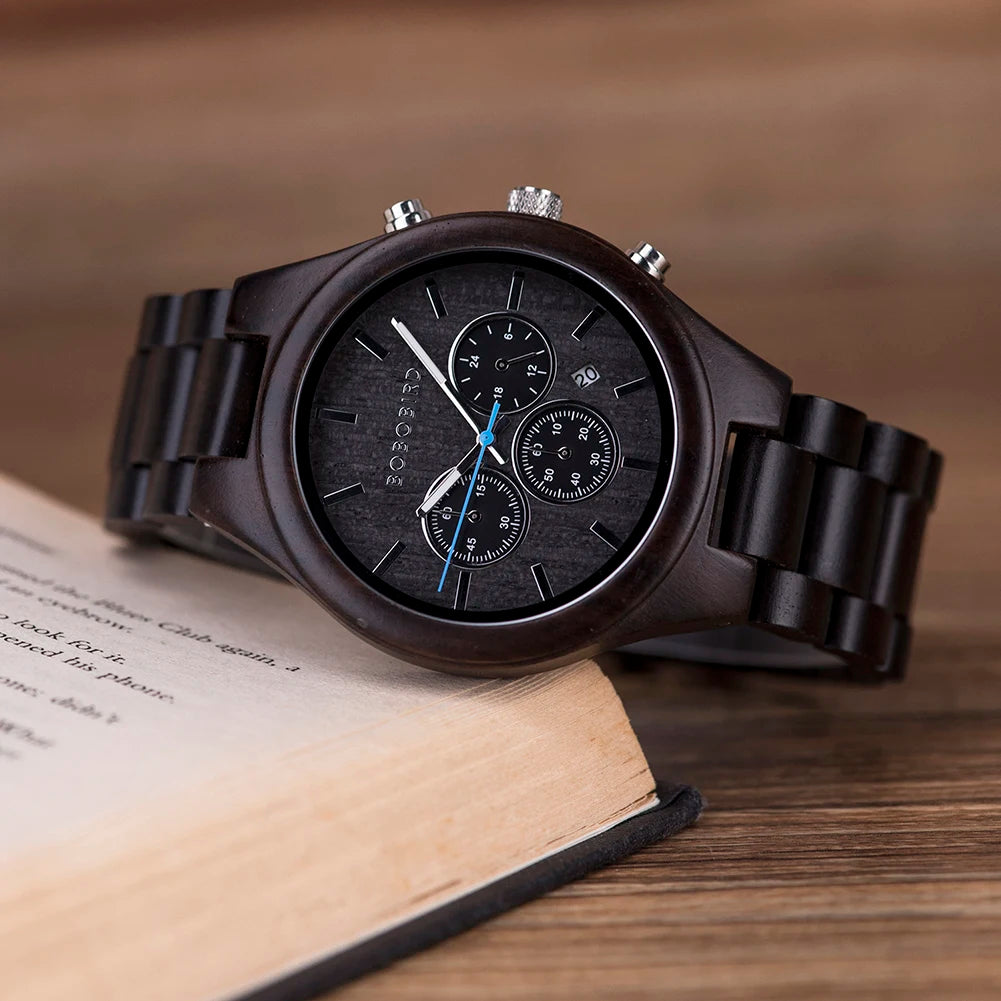 BOBO BIRD Men's Watch 3 Sub Dials Wooden Wrist Watch for Men Casual Quartz Watches Customized Dropshipping