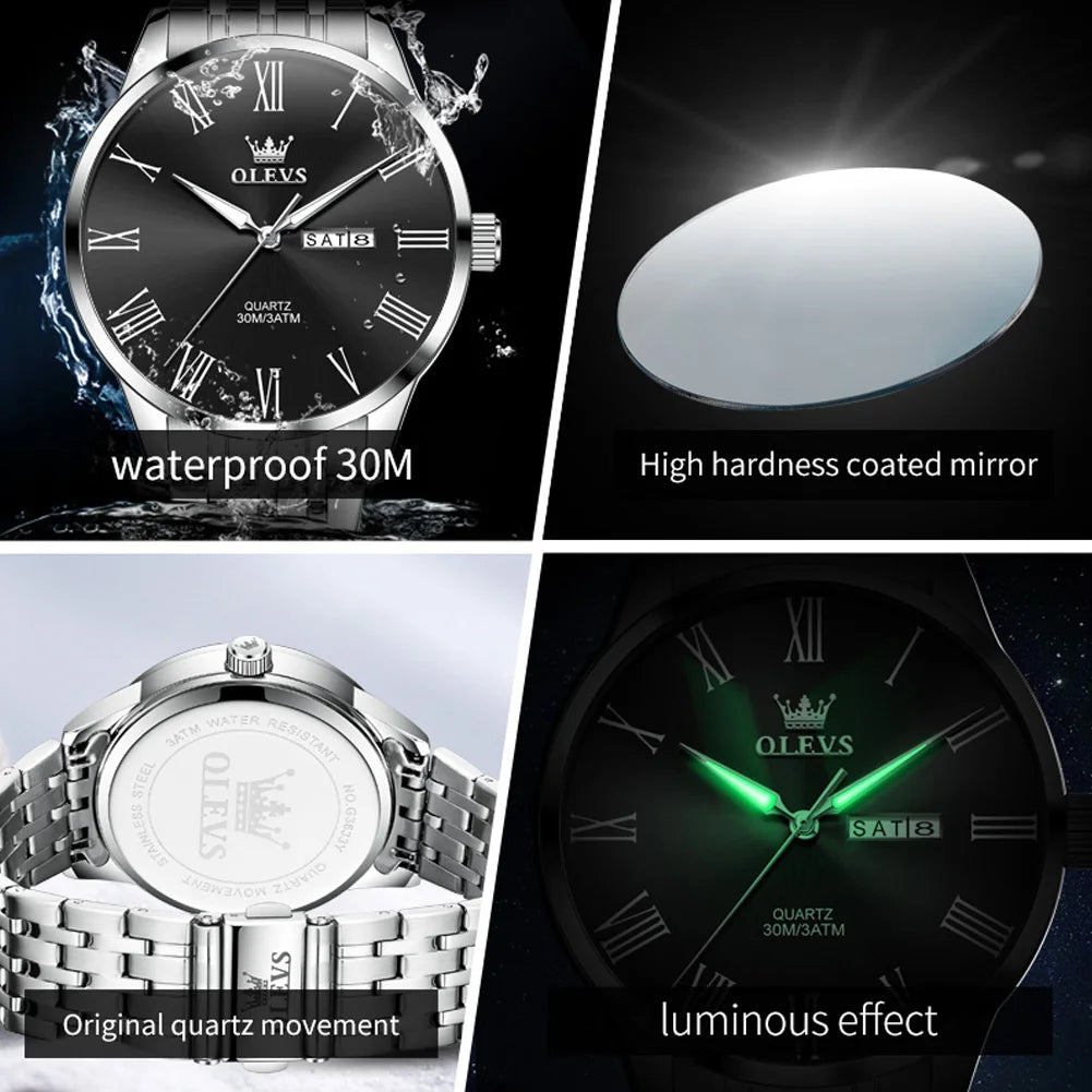 OLEVS 3633 Men's Watch Business Simply Original Quartz Watch for Man Waterproof Luminous Stainless Steel Dual Calendar Display