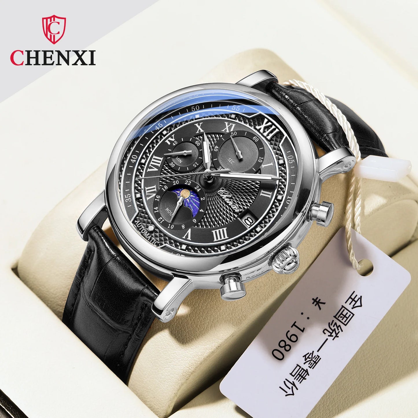 CHENXI 976 Men's Watch Leather Chronograph Date Quartz Watches Phase Moon Timing Business Luminous Wrist Watch Relojes para