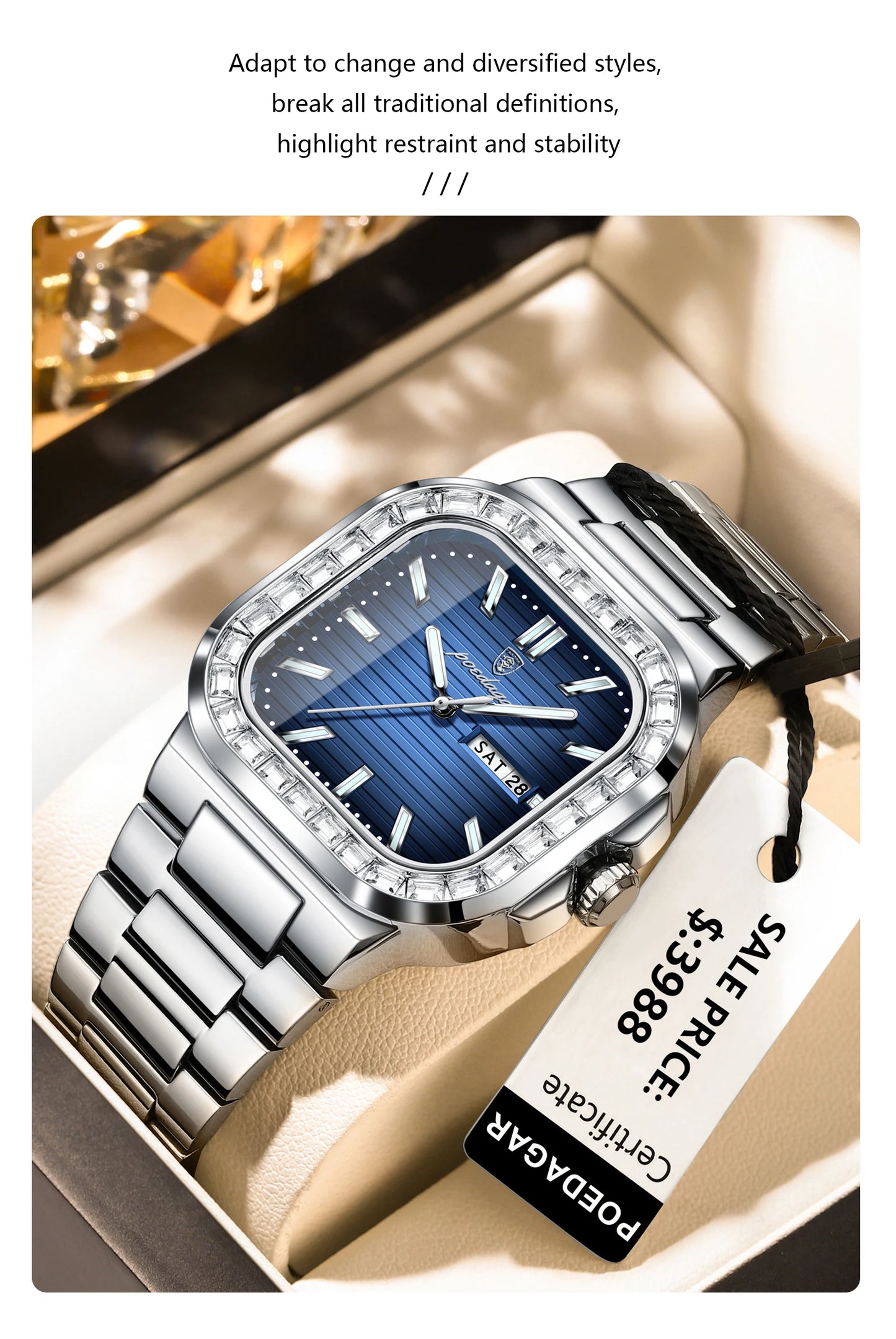 POEDAGAR Top Brand Luxury Watch for Men Waterproof Luminous Date Week Man Wristwatch Stainless Steel Square Quartz Men's Watches