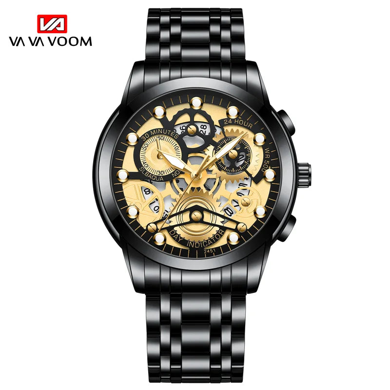 Men's Business Watch Skeleton Design Fashion Mechanical Style Stainless Steel Quartz Movement Calendar Waterproof Men WristWatch