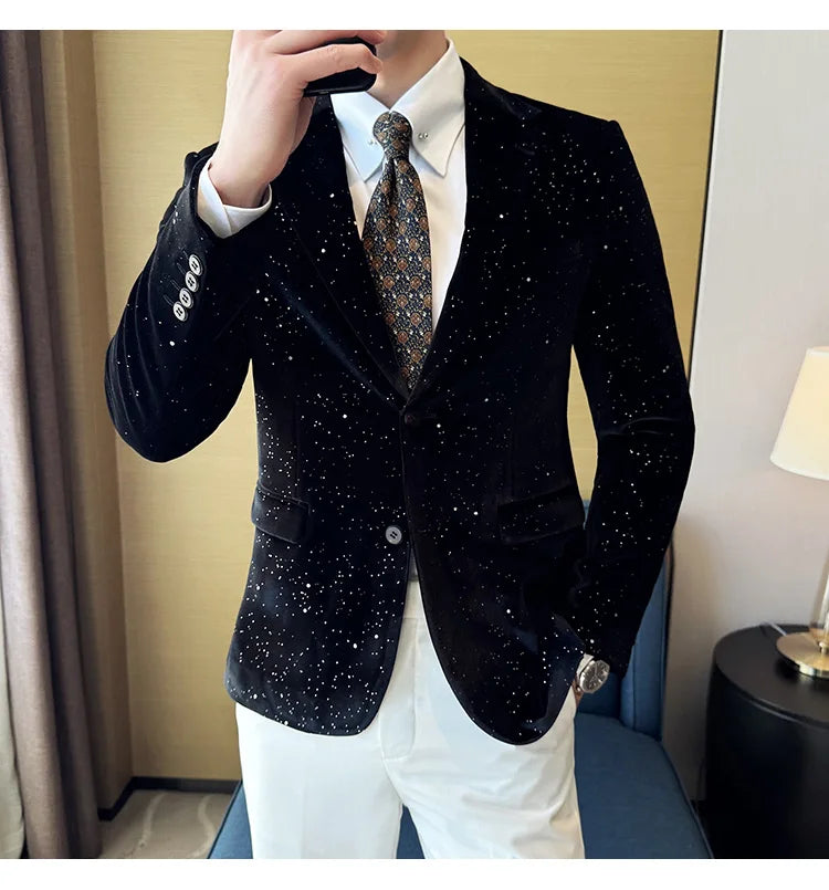 2024 Autumn New Velvet Jacket Men's Blazer Business Fashion Hot Stamping Printed Suit Jacket High-quality Luxury Dress Suit