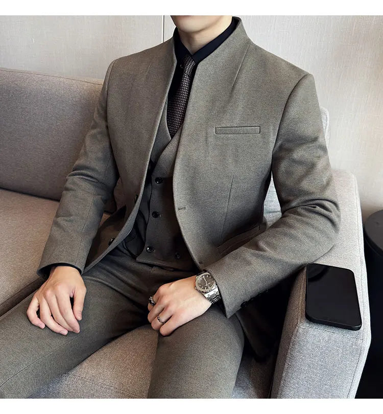 Korean Style Men's Suit Set Slim Fit Business Suit Wool Blazer Three Piece Set Elegant Social Formal Men's Clothing 5XL-M