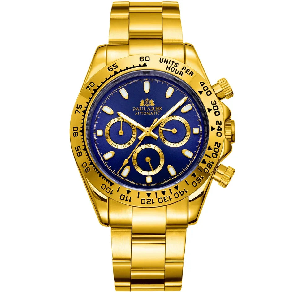 Automatic Watches Self Wind Mechanical Gold Stainless Steel Glacier Ice Blue Dial Chestnut Brown Bezel Luminous Men Watch