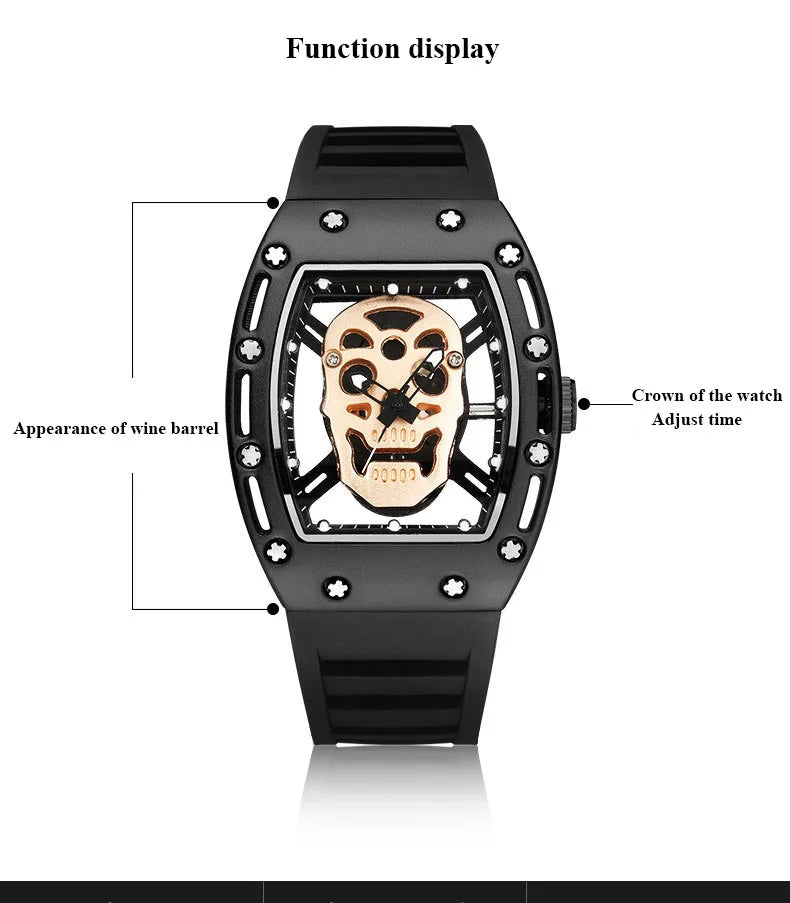 UTHAI Men Watch Fashion Trend For Skeleton Ghost Head Hollow Out Watch Wine Bucket Wristwatch Silicone Male Quartz Clock Watches