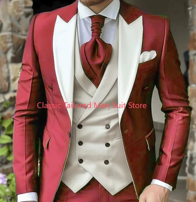 Elegant Wedding 3 Piece Jacket Pants Vest Full Set Luxury Single Breasted Peak Lapel Purple Male Clothing Men's Suits Blazer