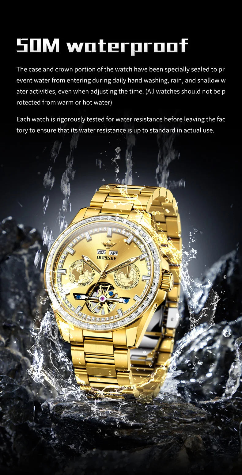 OUPINKE 3280 Mechanical Watch for Men Luxury Full Diamond Flywheel Skeleton Gold Stainless steel Date Automatic Men's Watch