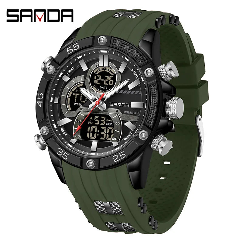 SANDA 6162 Men's Electronic Watch Creative Sports Waterproof Luminous Chronograph Pointer Digital Dual Display Wristwatches
