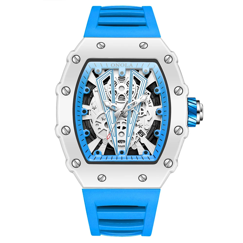 ONOLA Tonneau Mens Watch Fashion White Male Clock Luminous Calendar Water Resistant Silicone Tape Watches for Men Reloj Hombre