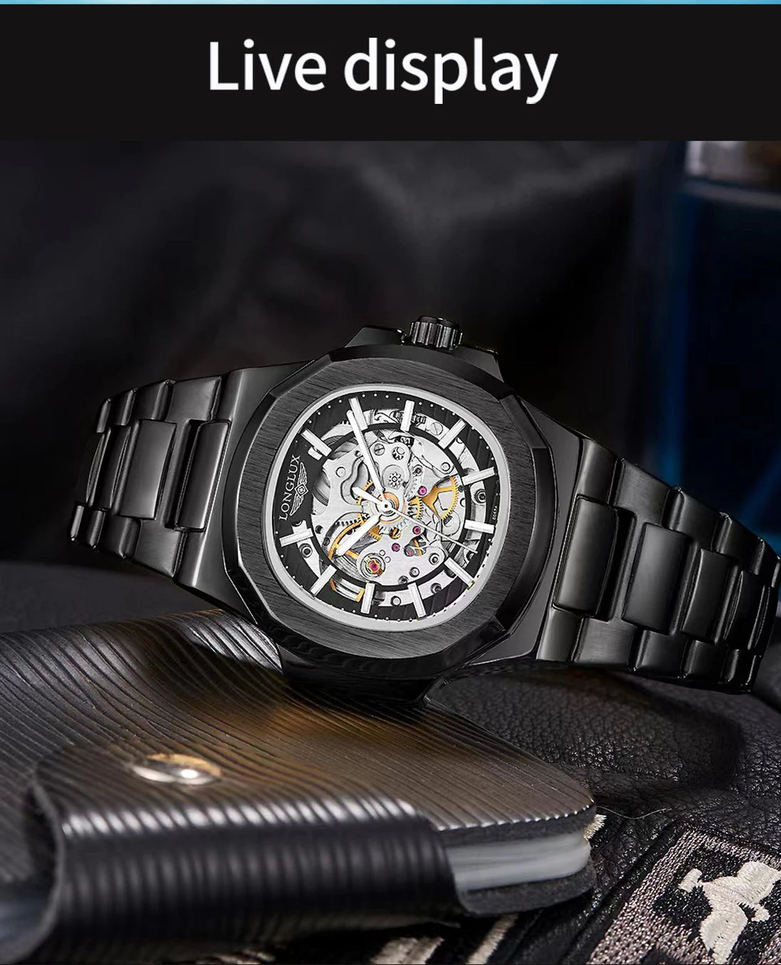 LONGLUX automatic man watch luxury wholesale mechanical wristwatches stainless steel skeleton waterproof mens watch men gift