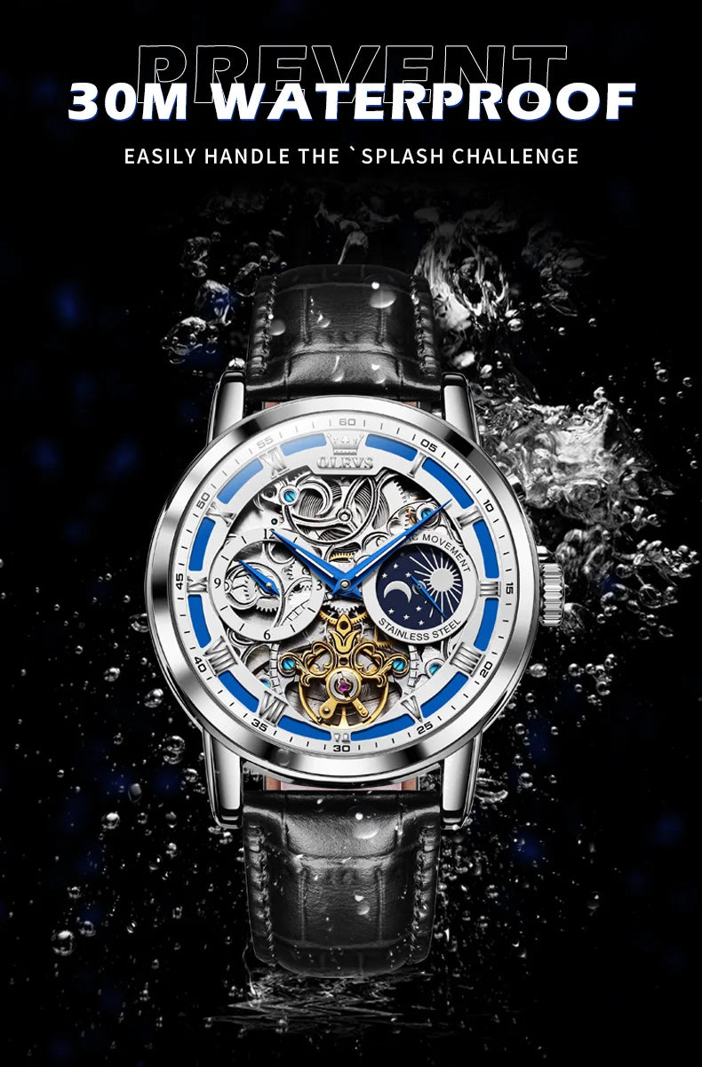 OLEVS Mens Watches Top Brand Luxury Moon Phase Tourbillon Mechanical Watch for Men Automatic Skeleton Watch Relogio Masculino