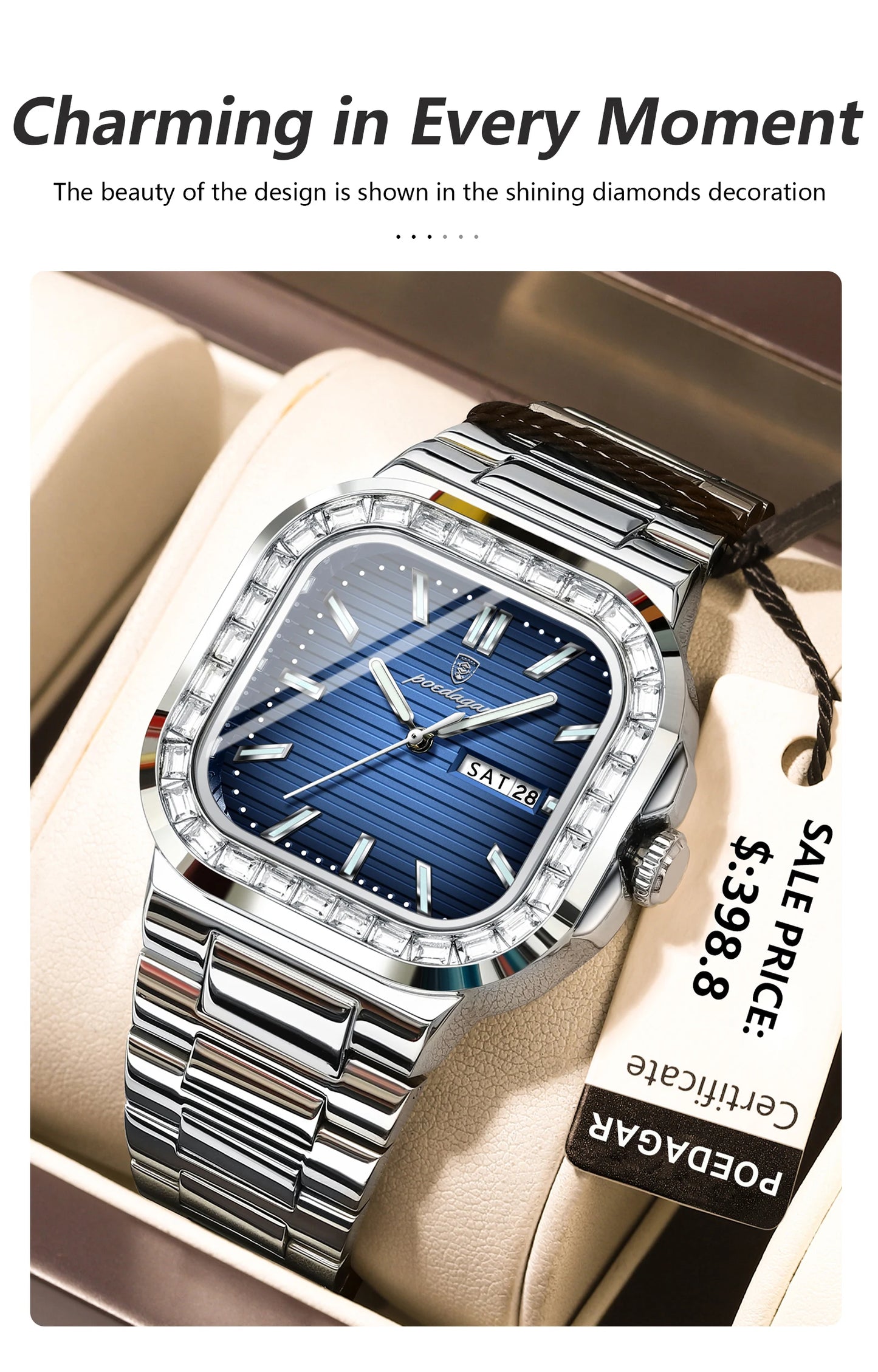 POEDAGAR Top Brand Luxury Watch for Men Waterproof Luminous Date Week Man Wristwatch Stainless Steel Square Quartz Men's Watches