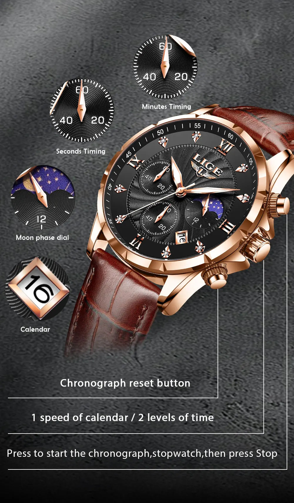 LIGE Men's Watch Luxury Business Luminous Waterproof Leather Watches Moon Phase Week Date Casual Quartz Watch Men Reloj hombre