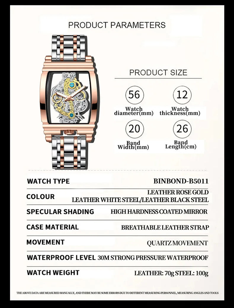 BINBOND Men Watch Sports Quartz Watches Men Waterproof Luminous Pointer Wristwatch Skeleton Hollow Clock Man Relogio Masculino