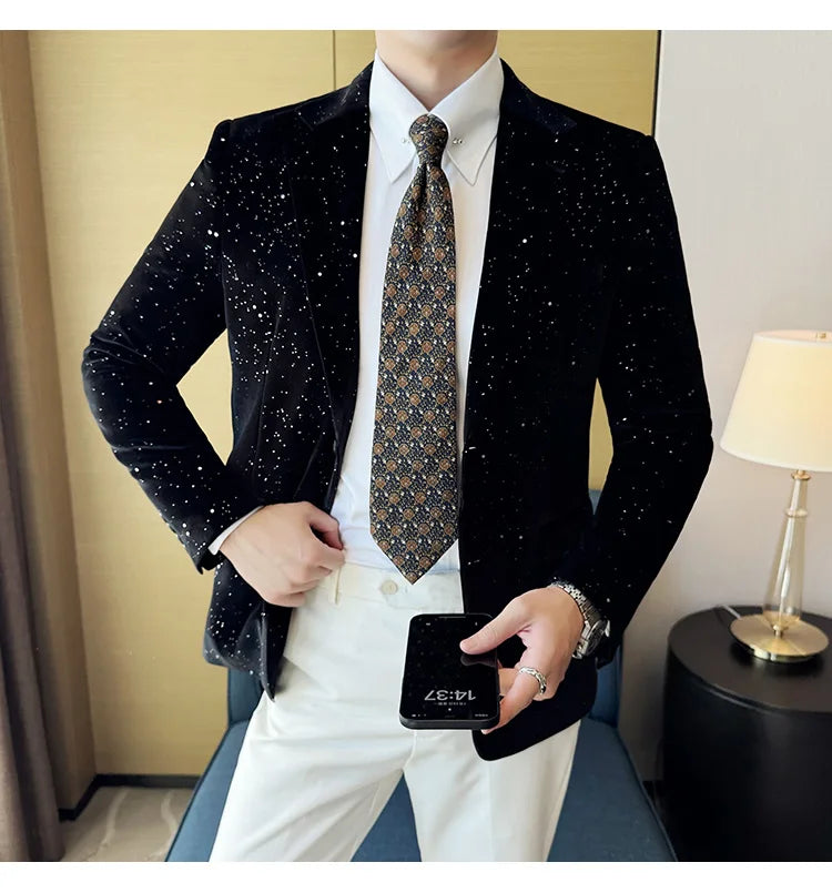 2024 Autumn New Velvet Jacket Men's Blazer Business Fashion Hot Stamping Printed Suit Jacket High-quality Luxury Dress Suit
