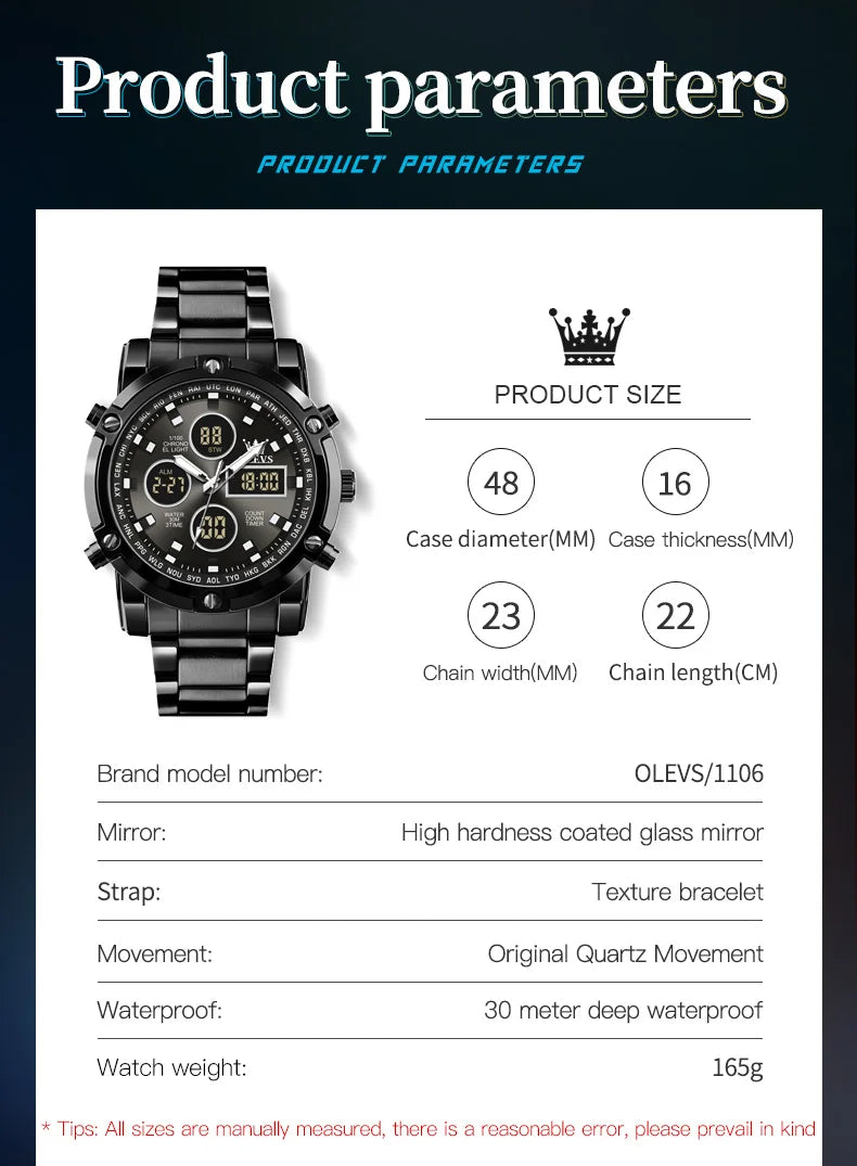 OLEVS 2024 New Mens Watches Top Brand Luxury Sport Digital Quartz Wristwatch For Men All Steel Military Waterproof Clock+Box