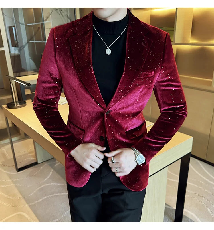 2024 Autumn New Velvet Jacket Men's Blazer Business Fashion Hot Stamping Printed Suit Jacket High-quality Luxury Dress Suit