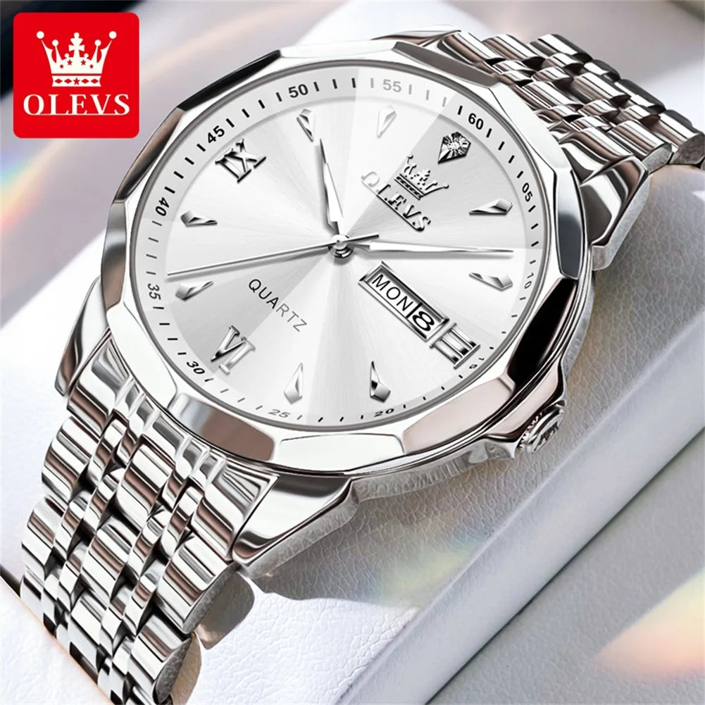 OLEVS 9998 Mens Watch Original Rhombus Mirror Quartz Mature Man Watch Waterproof Luminous Dual Calendar Display Watch For Man