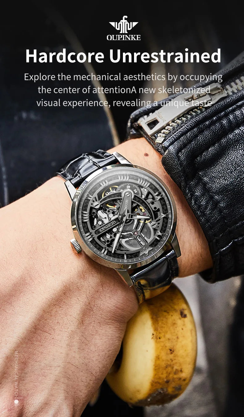OUPINKE 3173 Luxury Gold Mechanical Watch For Men Hollow Top Brand Original Automatic Wristwatch 50M Waterproof Luminous Watches