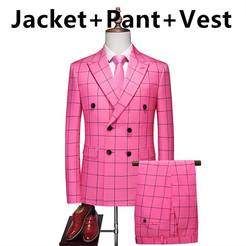 (Jacket +Pant+Vest) Luxury Men Groom Wedding Suits High Quality Business Social Prom Party Double Breasted Plaid Dress 3 Piece