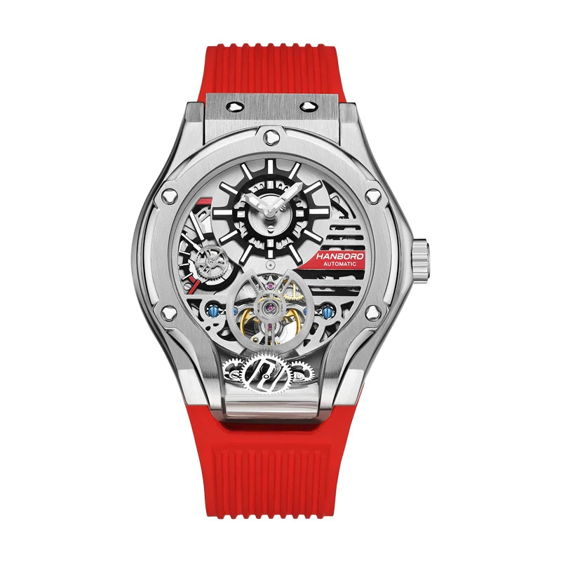 HANBORO Car Design Mechanic Watch Luxury Men Watches Mechanical Wristwatches Earth Skeleton Flywheel Watch Orologio Uomo