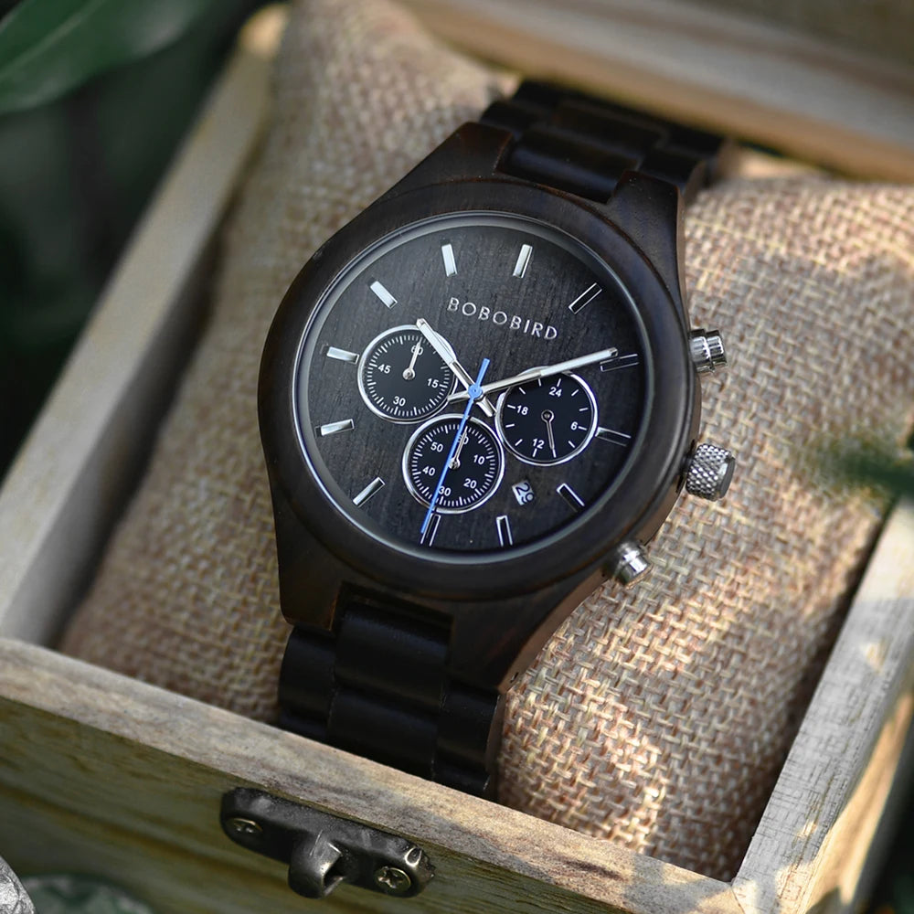 BOBO BIRD Men's Watch 3 Sub Dials Wooden Wrist Watch for Men Casual Quartz Watches Customized Dropshipping