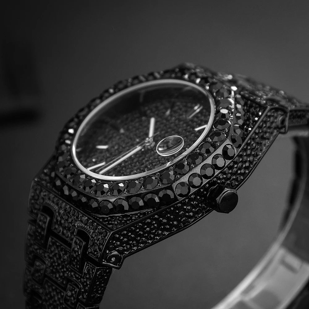 2024 New Hip Hop Mens Quartz Watch Brand MISSFOX Luxury Automatic Date Iced Out Clocks Man Fashion Green Full Diamond Wristwatch