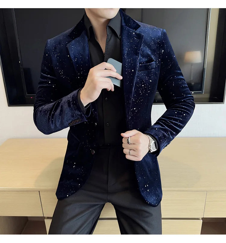 2024 Autumn New Velvet Jacket Men's Blazer Business Fashion Hot Stamping Printed Suit Jacket High-quality Luxury Dress Suit