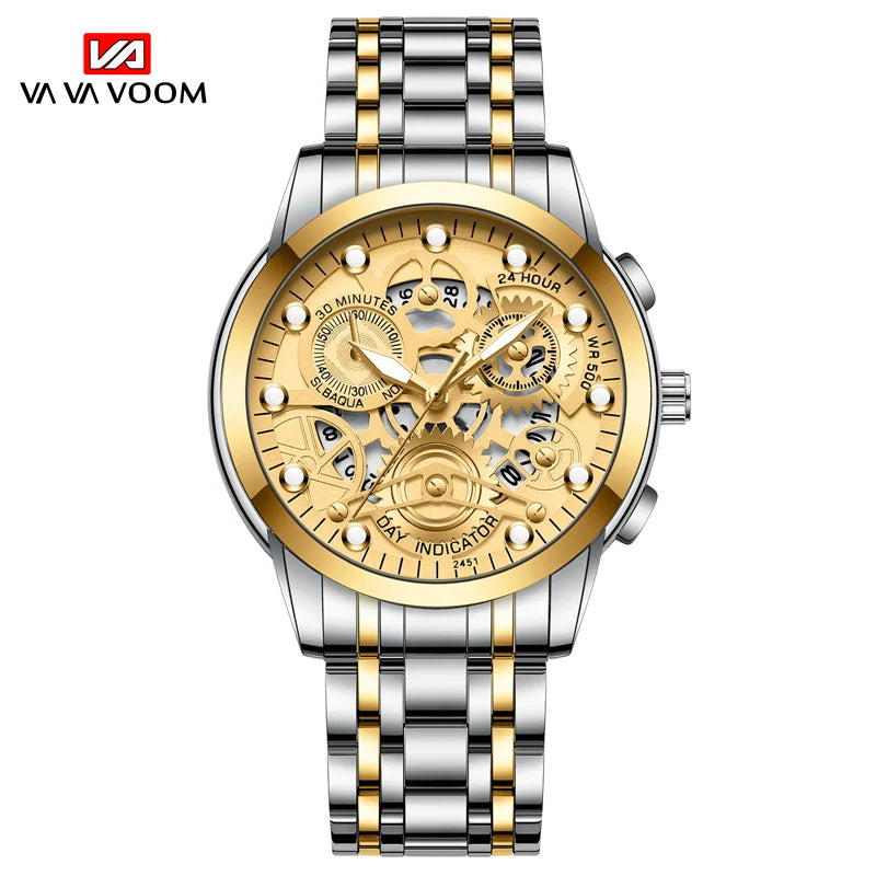 Men's Business Watch Skeleton Design Fashion Mechanical Style Stainless Steel Quartz Movement Calendar Waterproof Men WristWatch