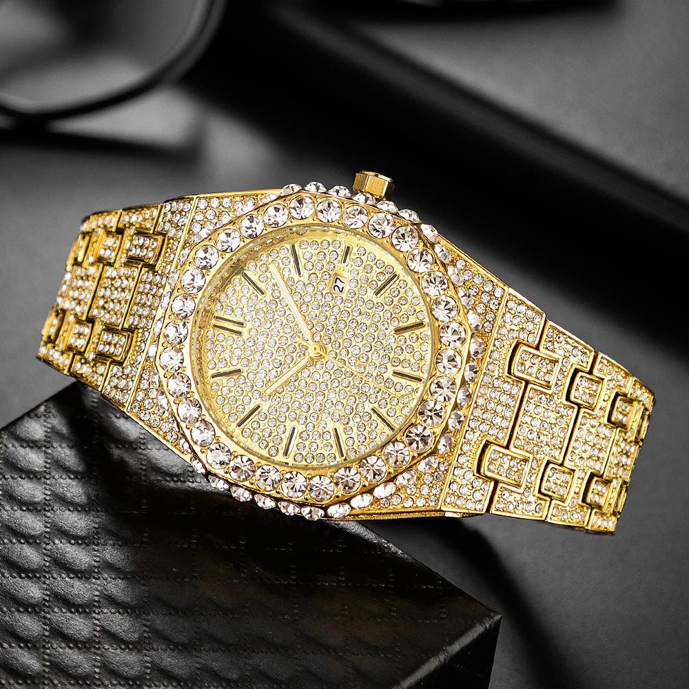 2024 New Hip Hop Mens Quartz Watch Brand MISSFOX Luxury Automatic Date Iced Out Clocks Man Fashion Green Full Diamond Wristwatch