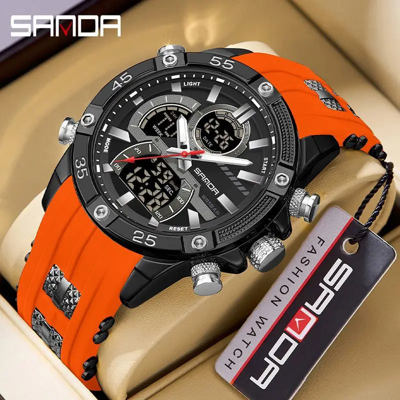 SANDA 6162 Men's Electronic Watch Creative Sports Waterproof Luminous Chronograph Pointer Digital Dual Display Wristwatches