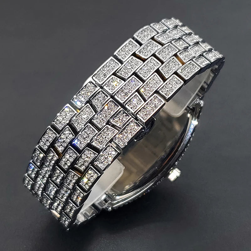 Classic 55mm Black Dial Wristwatch Men Famous Brand Diamond Silver Quartz Watch Original Ice Out Shiny Waterproof Clock 2023 New