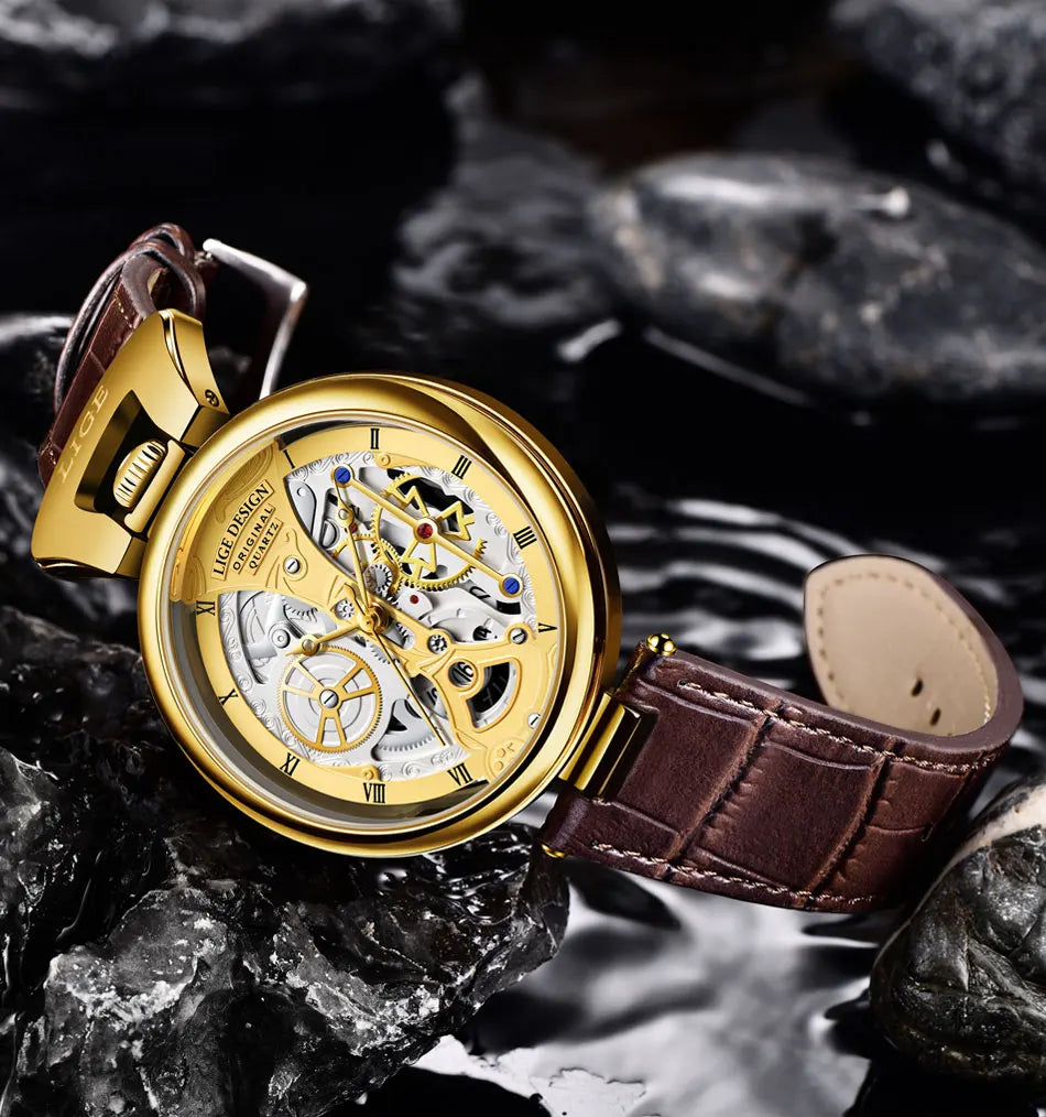 2023 LIGE Men Watches Top Brand Luxury Brown Leather Chronograph Sport Watch For Men Fashion Date Waterproof Clock Reloj Hombre