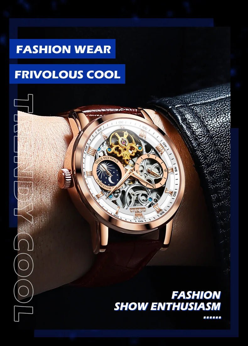 OLEVS Mens Watches Top Brand Luxury Moon Phase Tourbillon Mechanical Watch for Men Automatic Skeleton Watch Relogio Masculino
