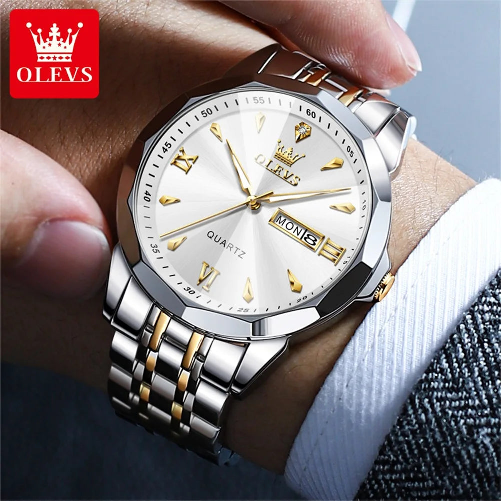 OLEVS 9998 Mens Watch Original Rhombus Mirror Quartz Mature Man Watch Waterproof Luminous Dual Calendar Display Watch For Man